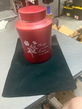 Red Memorial Urn with Floral Design - Always in Our Hearts